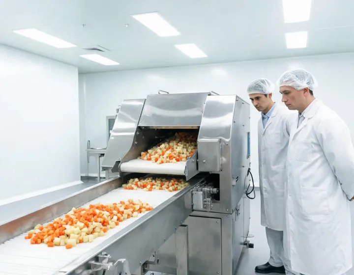 Stainless food dicer infeed with prepared produce on a sanitary belt